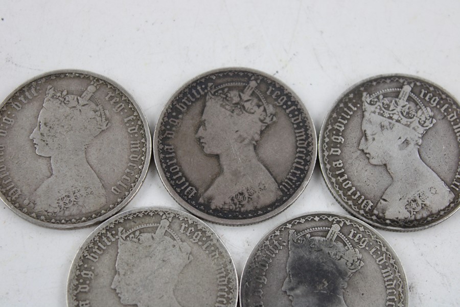 6 x British Victorian gothic florin silver coins (65g) - Image 2 of 7