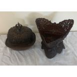 Tibetan or Nepalese Tantric pierced repousse copper altar set of stand, kapala/skull cup and lid