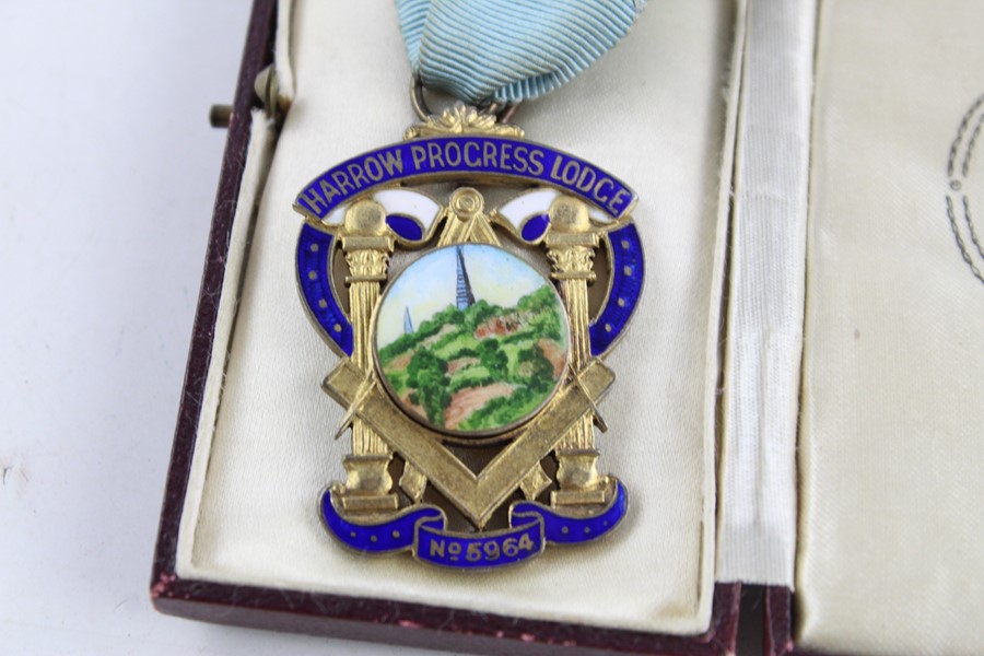 Vintage stamped 925 silver Masonic founder medal harrow progress cased - Image 4 of 5