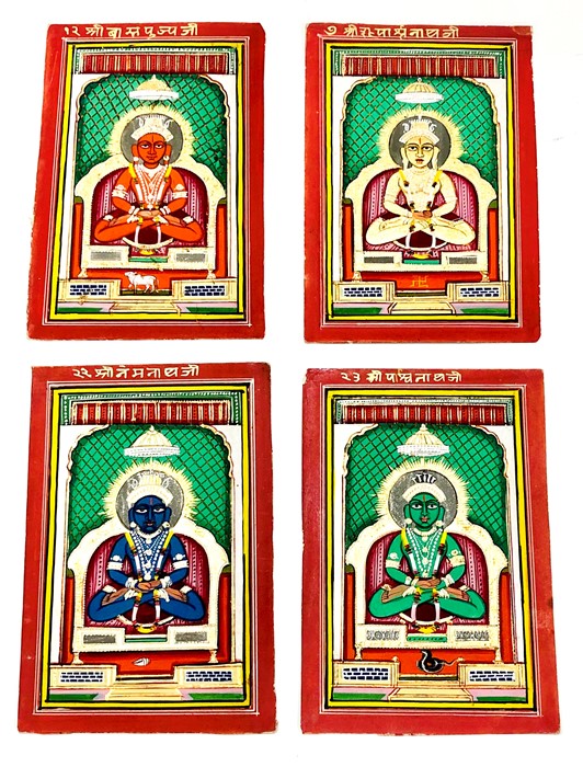 North Indian miniature paintings, Jaipur, of Jain Jinas seated on thrones, with identifying emblems