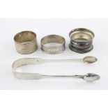 4 x Vintage Hallmarked .925 STERLING SILVER Napkin Rings & Sugar Tongs