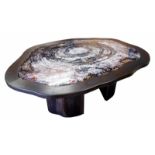 Salon Table made of Nut Wood with embedded petrified Wooden Plate Salontisch Nussholz mit