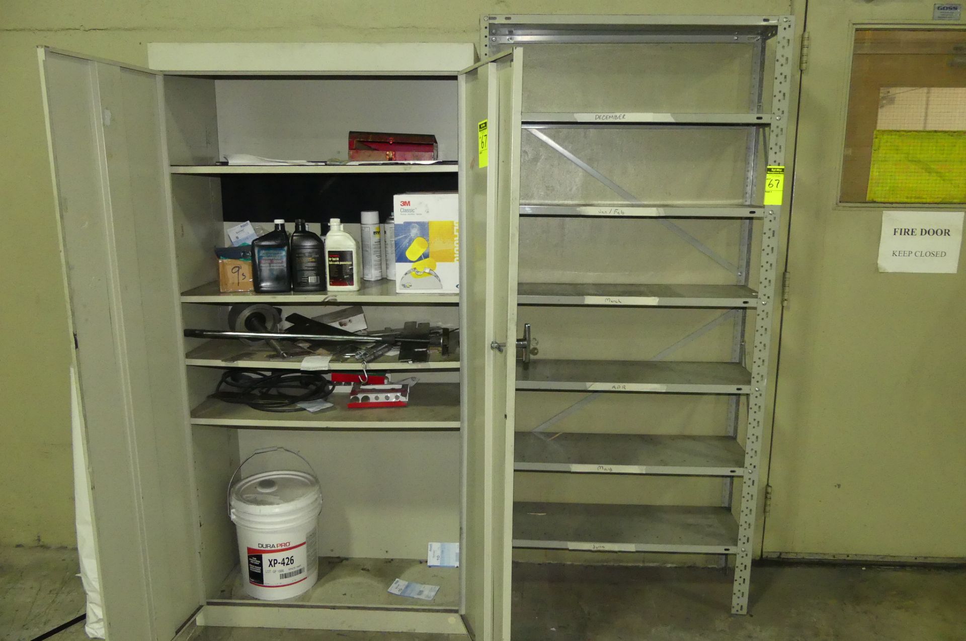 2 DOOR STEEL CABINET W/PARTS & STEEL SHELVING