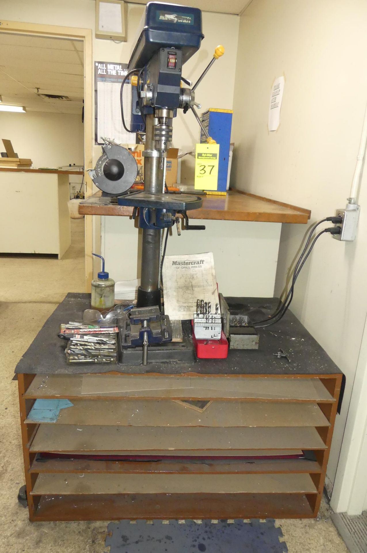 TABLE, DRILL PRESS & BITS