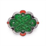 A jade, coral, onyx and diamond brooch.