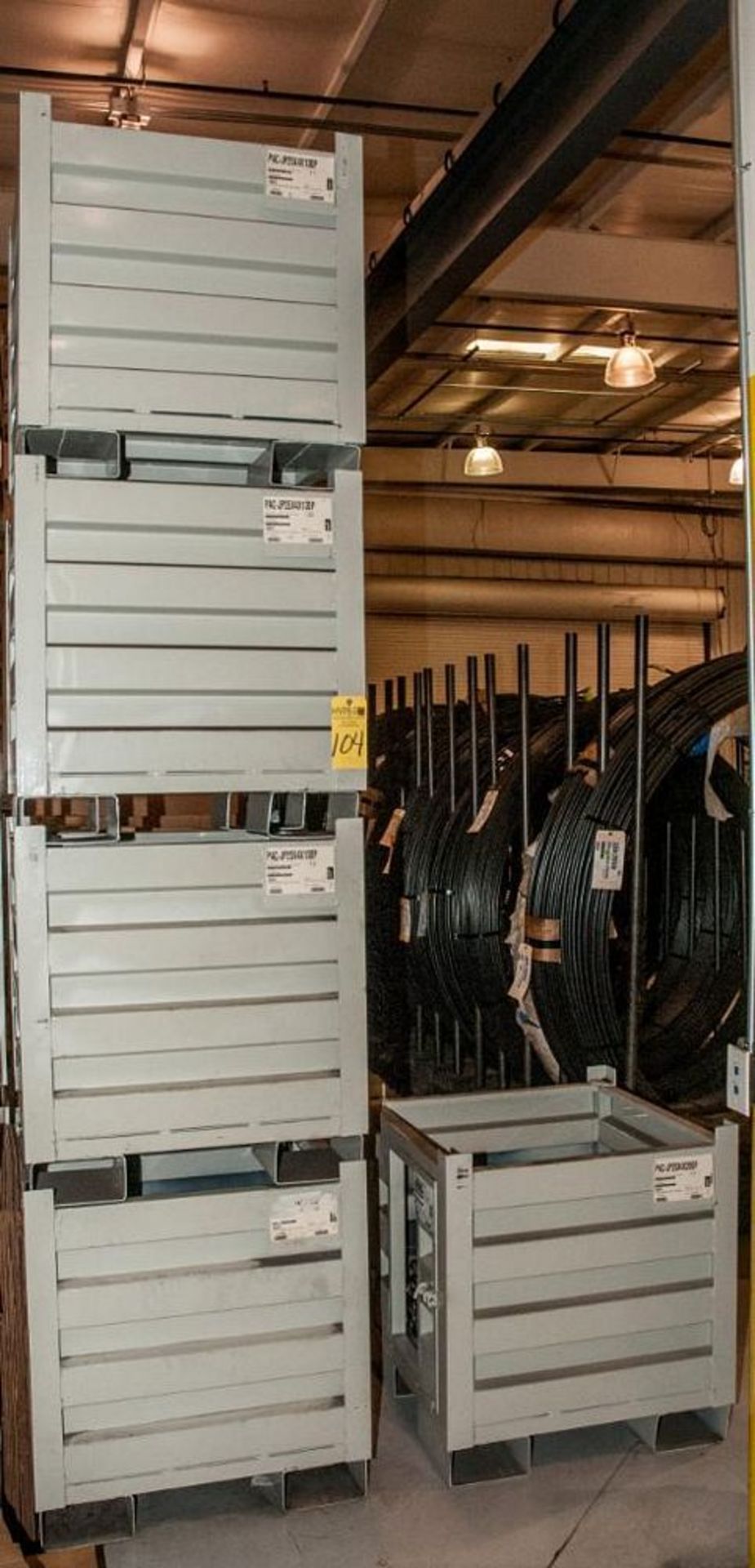 (5) Steel Stacking Bins with Door, OD Approx. 29 1/2" x 29 1/2" x 32" Tall, W/ any contents Coil Spr