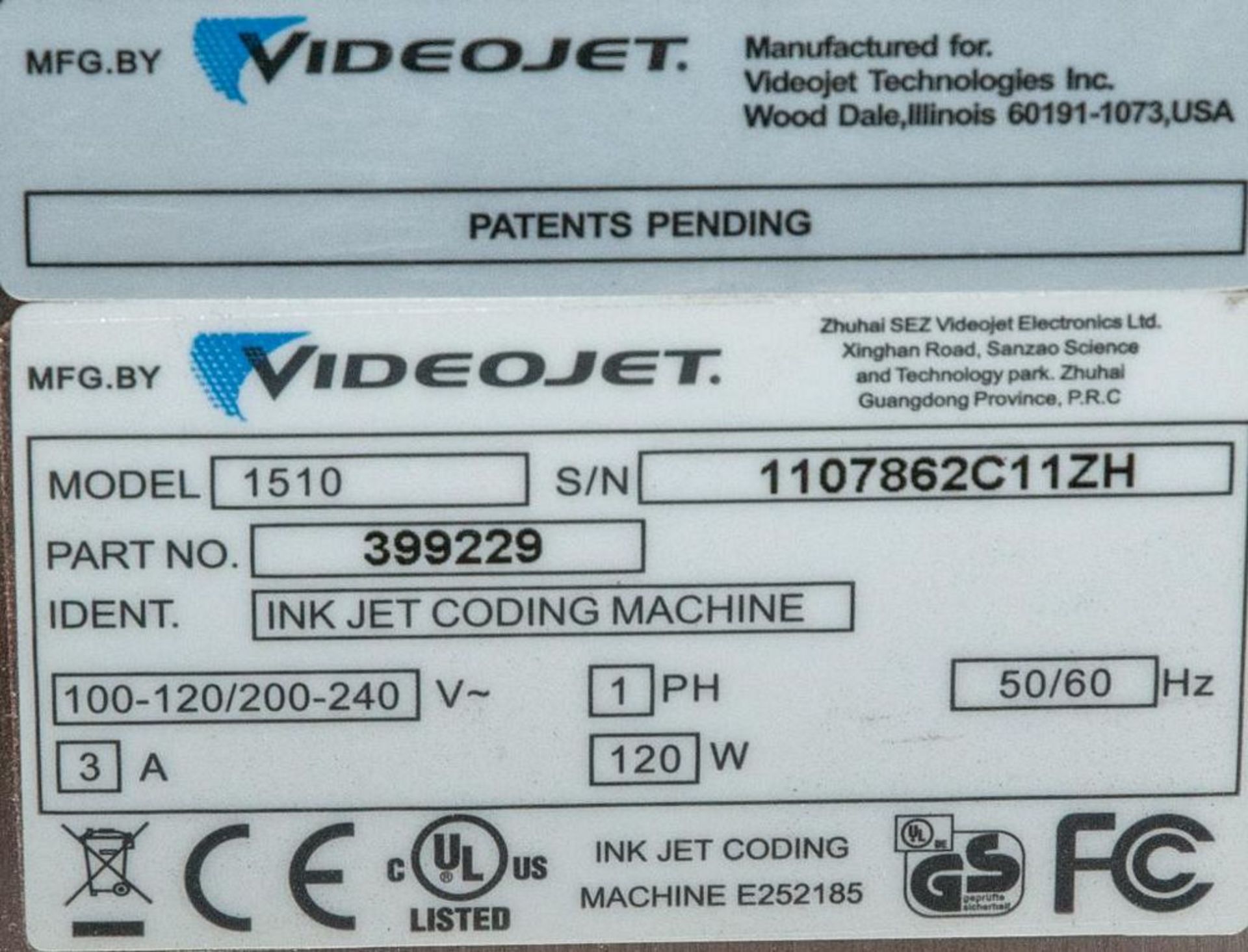 VideoJet Inkjet printer Model 1510, s/n 1107862C11ZH with Print head, 110-120/200-240V - Image 2 of 3