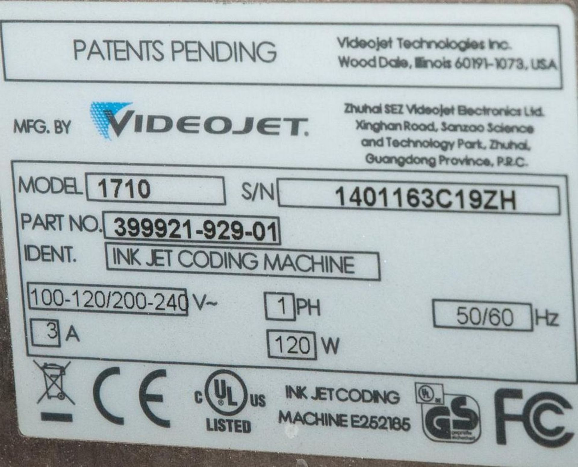 VideoJet Inkjet printer Model 1710, s/n 1401163C19ZH, with Print head, 110-120/200-240V - Image 2 of 3