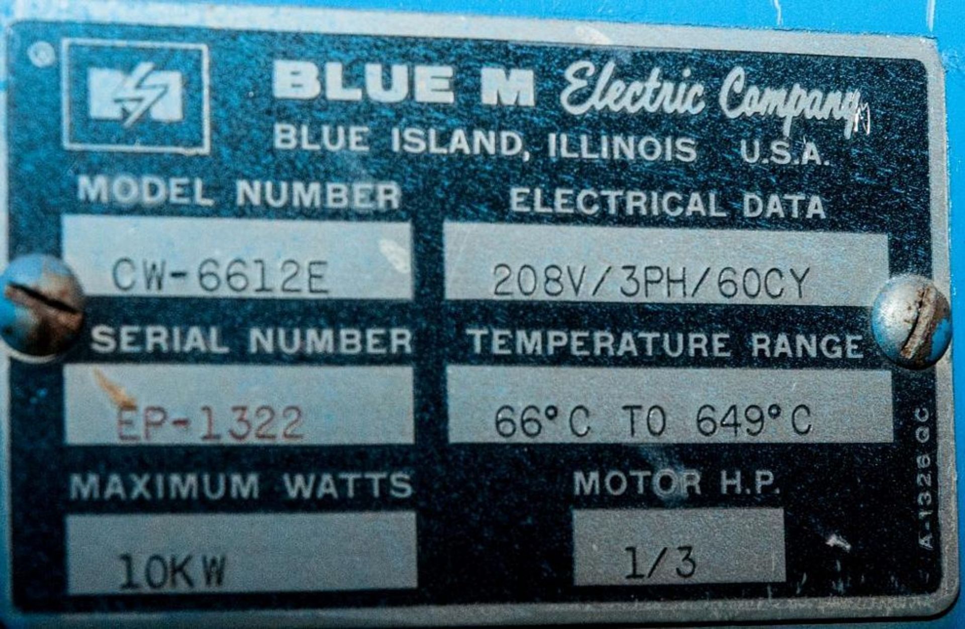 Blue M Oven Model CW-6612E, s/n EP-1322, 10kw, 1/3 hp, 208v 3ph. - Image 2 of 3