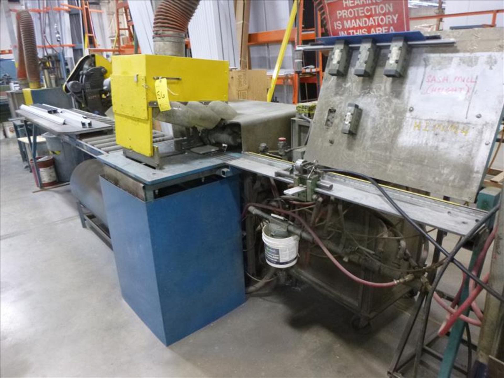 milling machine (shop-built) c/w infeed & roller conveyor outfeed, tank & length stop [Winner will - Image 2 of 4