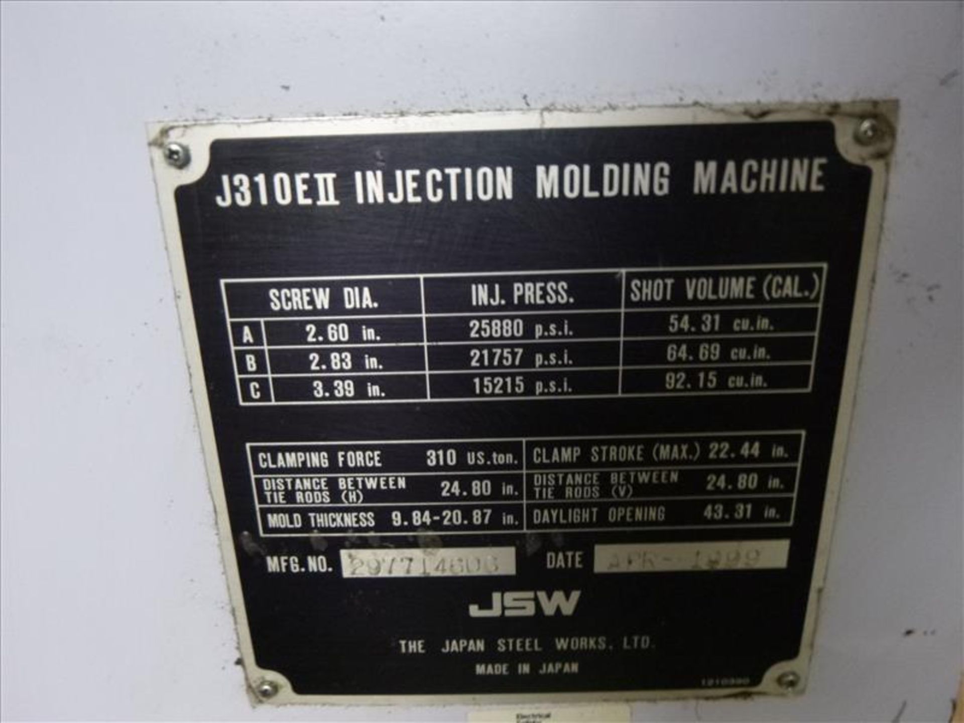 JSW mod. J310EII 310 Ton Injection Moulding Machine ser. no. 297714606 (1999) w/22.44 in. Clamp - Image 7 of 8