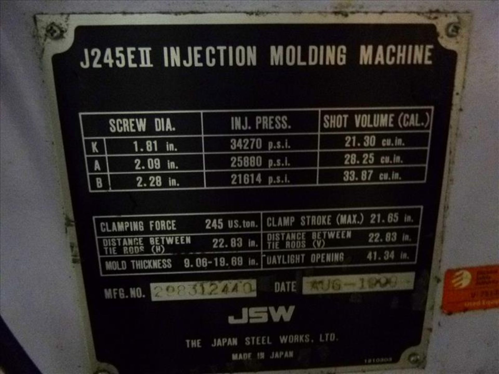 JSW mod. J245EII 245 Ton Injection Moulding Machine ser. no. 298312440 (1998) w/21.65 in. Clamp - Image 7 of 8