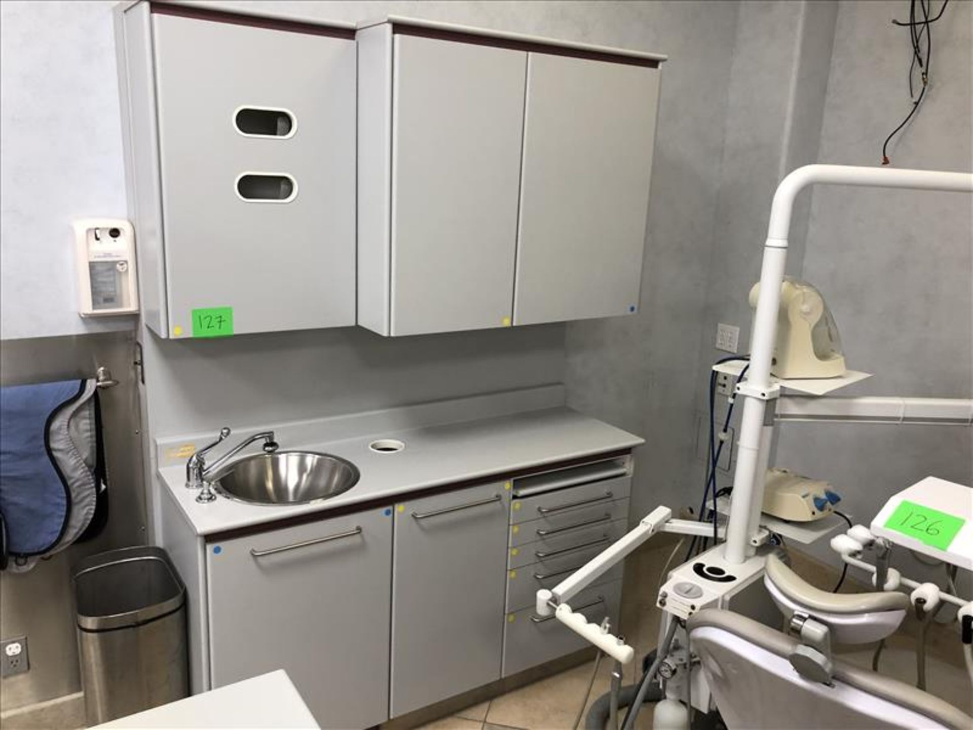 Dental cabinet /counter unit with cupboard, stainless sink with foot controlled faucet, (1) 5