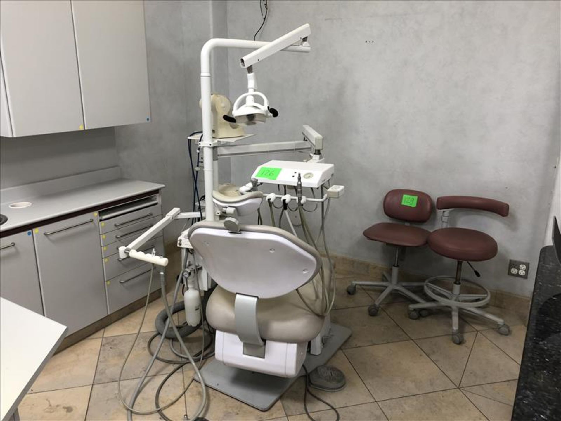 Dental operatory set including (1) Dentech Ultima 2 adjustable dental chair, light with post, foot