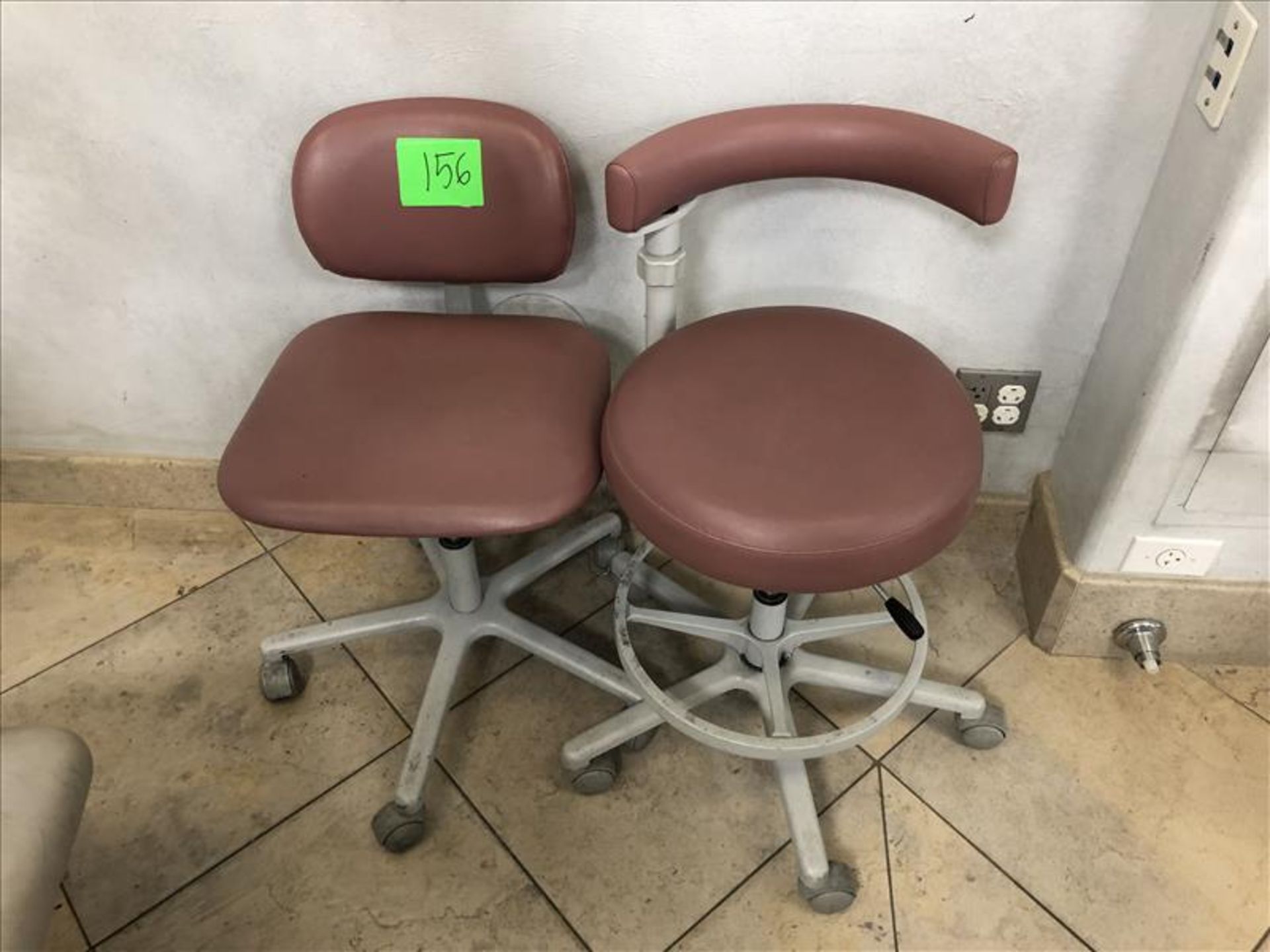 (1) Dentist stool with procedure arm, (1) swivel with back rest, 360 deg swivel, ball casters