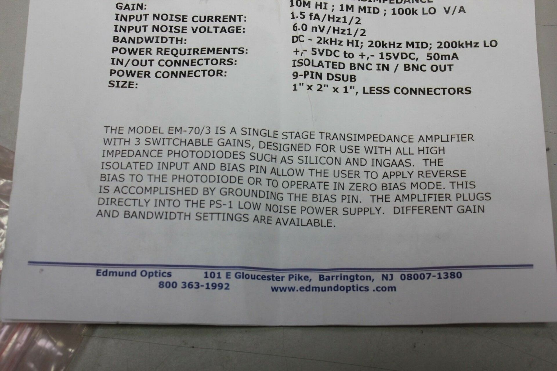 New Edmund Optics Single Stage 3 Gain Transimpedance RF Amplifier - Image 5 of 5