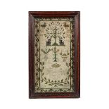 A small framed needlework sampler, signed EM 1789