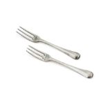 Pair of Queen Anne silver Hanoverian pattern three-pronged table forks, by Paul de Lamerie