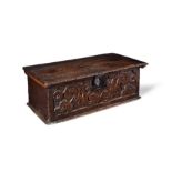 A Charles II oak box, relief carved with scrolling stylised flowers, circa 1680