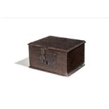 A Charles I oak box with indistinct ink handwriting across the front, circa 1640
