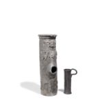A section of lead piping, initialled and dated WS 1782 used as a umbrella stand and a lead cup