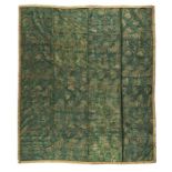 A cover of four panels of mid 17th century forest green silk and two other panels