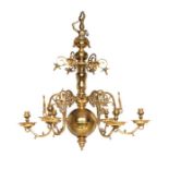 A large six-light brass chandelier, 19th century