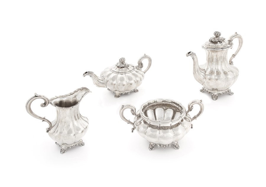 A matched George IV/William IV/early Victorian silver four piece melon-fluted tea and coffee set