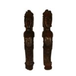 A pair of large 18th century oak carved architectural fragments of scrolling caryatids