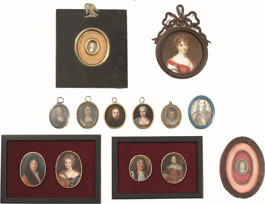 A large group of assorted portrait miniatures, various sizes and periods (qty)