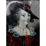 French (18th century, Portrait of a lady in a red dress wearing a feathered hat
