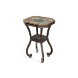 A Regency ebonised and parcel gilt occasional table with a polychrome top