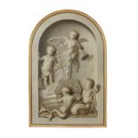 A large arched en grisaille oil on canvas panel of cherubs with a ship