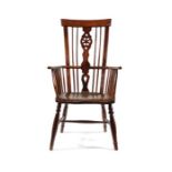 A yew wood and elm high-back Windsor armchair, Thames Valley, circa 1800.