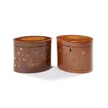 Two similar George III oval sycamore and tulipwood marquetry tea caddies