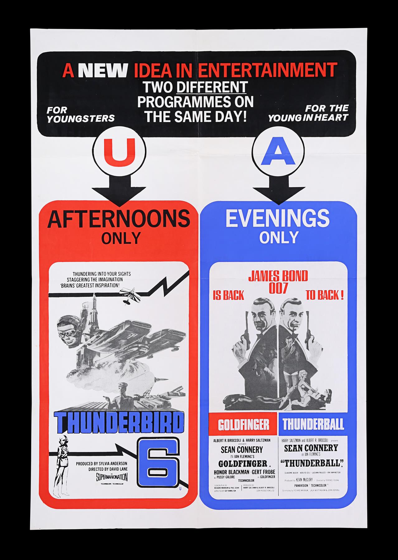 GOLDFINGER (1964)/THUNDERBALL (1965)/THUNDERBIRD 6 (1968) - UK Double Crown Poster, 1968 Re-Release