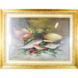 An oil on canvas, depicting still life of lobster and fish, indistinctly signed lower right.