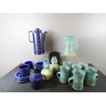 A Hornsea pottery cobalt blue glazed part coffee set, a studio ware pottery coffee set in turquoise,