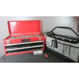 Black & Decker tool bag, together with a Dynamo red metal tool box, full of tools.