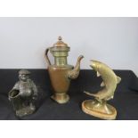 A Chinese copper tea pot with dragon form handle 36cm high, together with a brass model fish and a