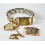 Two 9ct gold cased watches, and a watch with 9ct gold chain strap, A/F.
