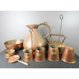 A group of copper to include three warming pans, three large flagons, kettle, graduated ladles, bowl
