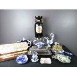 A quantity of blue and white Delftware, glasses, silver plated tureen etc. (1 box)