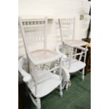 A pair of blue painted smokers bow kitchen armchairs, one with padded cushion together with two blue