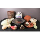 A group of agate eggs, paperweights and trinket boxes, studio bowl and glass duck.