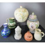 A coloured Spanish vase and cover, ovoid vase and other examples.