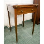 A mahogany card table with quartered top and a single drawer.