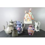 A group of Victorian ceramics, Staffordshire flatback Pewter and a T&R Boote jug with cover..