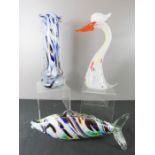 Three Murano glass examples, to include a vase 32cm high, model bird 33cm high, and a fish 14cm