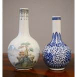 Two 20th century Chinese bottle vases, one in blue and white, the other painted with landscape, 19½